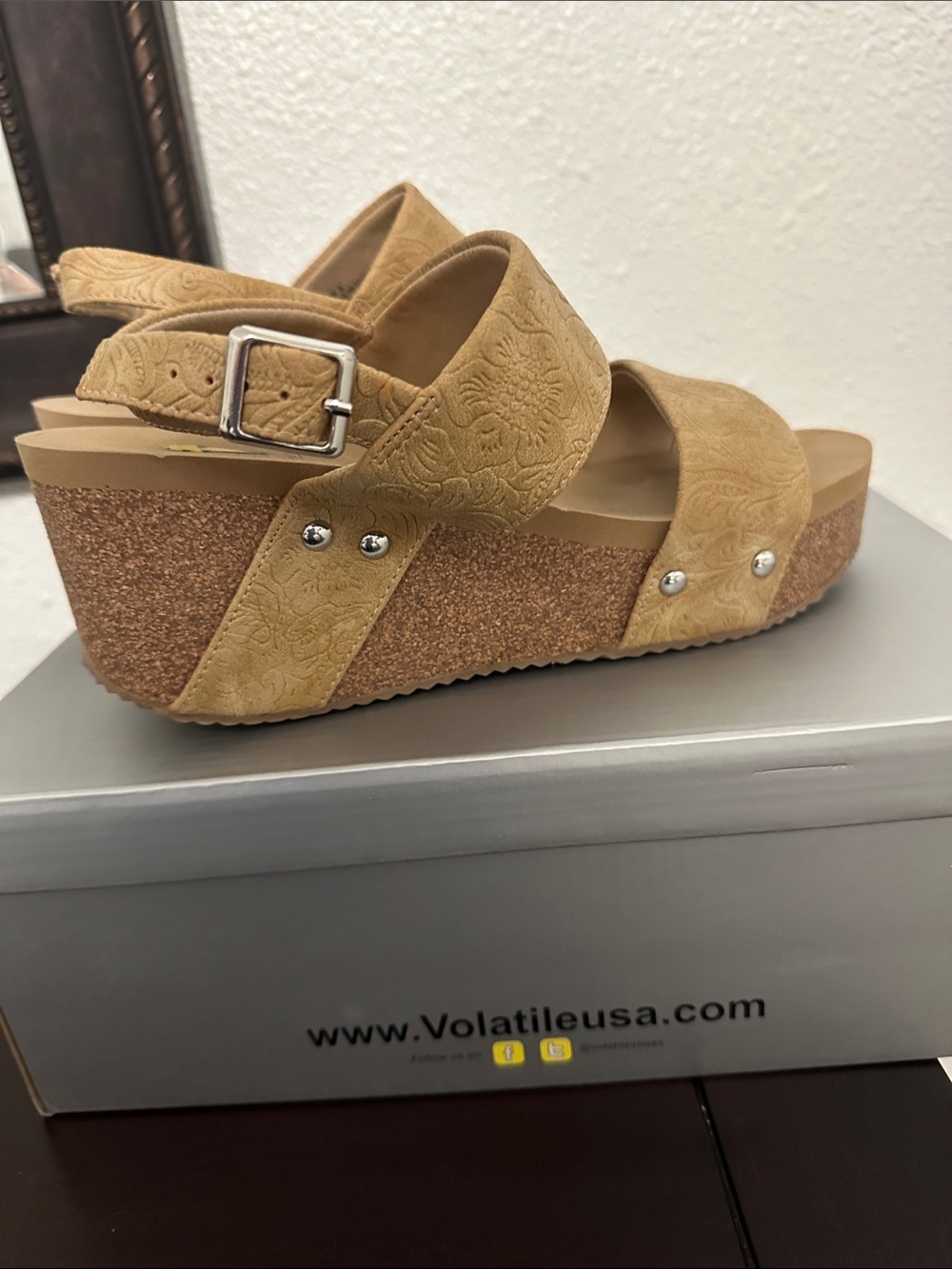 Volatile Tan Embossed Cork Platform Sandals